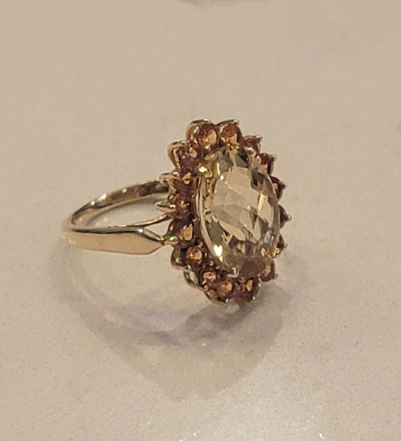 14K Gold Citrine Halo Ring – Vintage Oval Cut Cocktail Ring – Size 6-1/4 – November Birthstone Jewelry