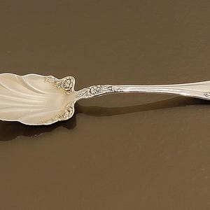 May include: A silver-colored pie server with a decorative, fan-shaped blade and a long, slender handle. The blade has a scalloped edge and a detailed floral design at the handle's connection. The handle also features an embossed floral pattern.