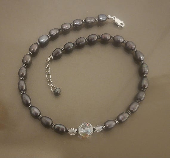 Elegant Dark Grey Freshwater Pearl & Crystal Necklace - Sterling Silver