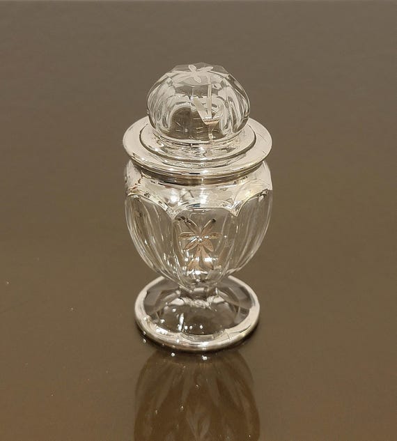 Antique A.H. Heisey Sterling Overlay Lavender Jar – Cut Glass Perfume Jar with Floral Etching