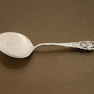 May include: A silver serving spoon with an oval bowl and a decorative handle. The handle features an ornate design with intricate details. The spoon is likely made of sterling silver and is displayed on a brown surface.