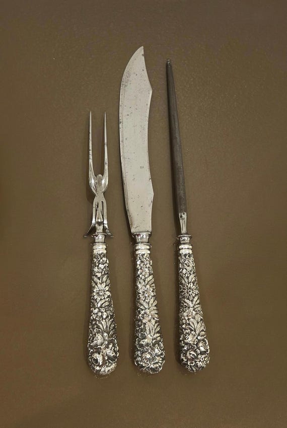 Schofield Baltimore Rose Sterling Silver 3-Pc Large Roast Carving Set 14.5" Knife Full Cast Repousse Handles