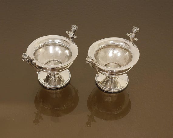 Antique Wood & Hughes Coin Silver Salt Cellars – Pair – Figural Handles – 6.06 Troy oz