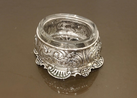Antique 900 Silver Salt Cellar w/ Glass Insert | Cherub Repoussé Open Salt Dip | European Silver | 2 Troy Ounces