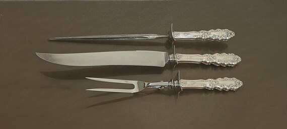 Gorham Luxembourg Sterling Silver Handle 3 Pc Roast Carving Set Knife Fork Steel Monogram F 14-3/4"