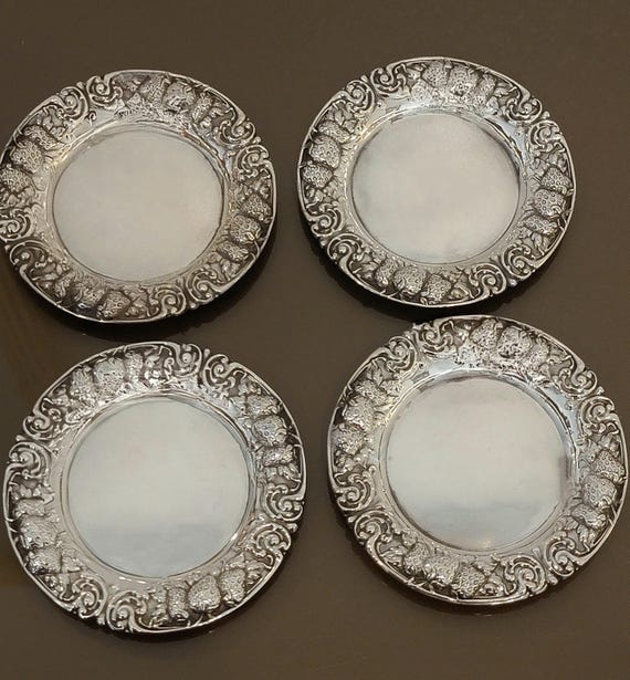 Set of 4 Strawberry Repousse Sterling Silver Butter Pat Dishes