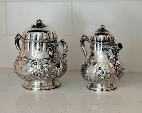 Exquisite Antique Coin Silver Creamer and Sugar Bowl Set – Hand-Chased by J.S & Co. – Oversized and Ornate