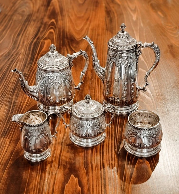 Sterling Silver Hand-Chased 5 piece Tea Set by Durham Silver Co.