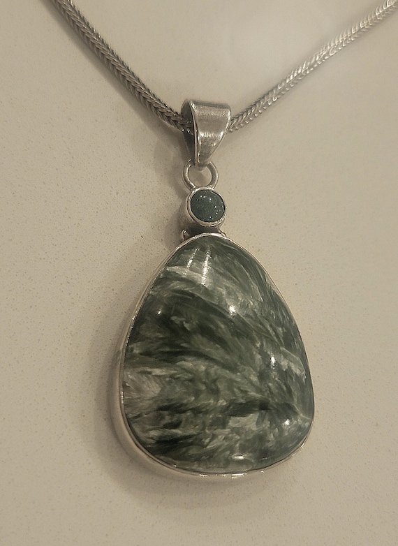 Seraphinite Pendant Necklace in Sterling Silver – Green Feather Stone, 16” Snake Chain, Artisan Natural Gemstone Jewelry