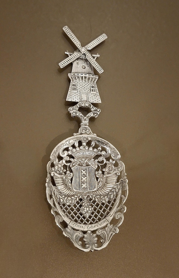 Antique Dutch 833 Silver Windmill Spoon – Amsterdam Minerva Hallmark – Pierced Bowl – 7-1/2”