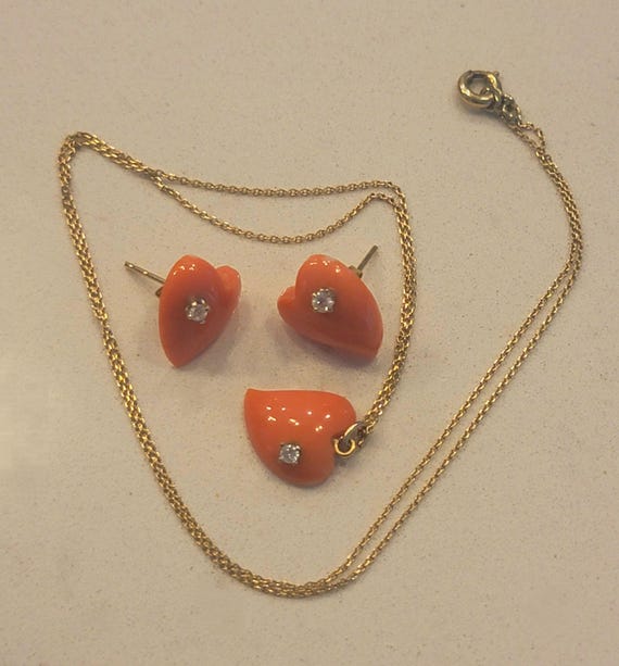 Vintage 14K Gold Salmon Coral Heart Necklace & Earrings Set with Diamond Accents