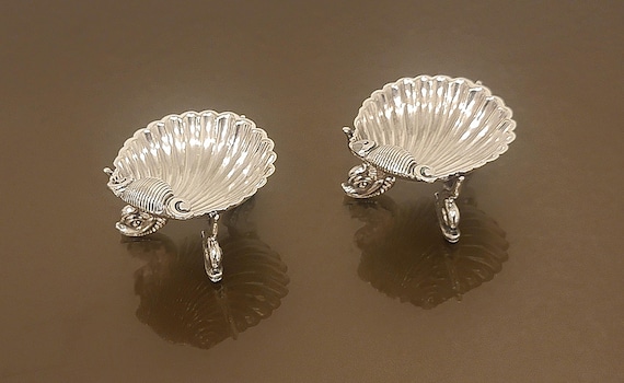 Vintage Silver on Brass Dolphin & Shell Salt Cellars – Pair – Figural Coastal Table Accents