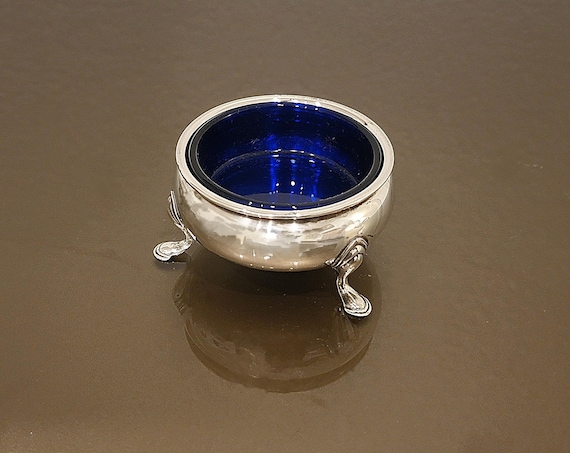 Antique Sterling Silver Open Salt Cellar – Frank M. Whiting Reproduction – Cobalt Glass Insert – Three Footed Salt Dip