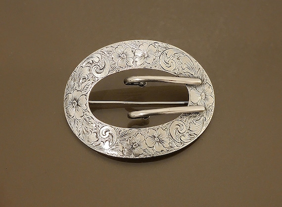 Antique Jenkins & Jenkins Sterling Silver Sash Pin Brooch Baltimore Hand Engraved Floral Victorian Art Nouveau 3.1"