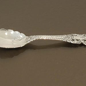 May include: A silver spoon with an ornate handle and a scalloped bowl. The spoon is highly polished and reflects the light, showcasing intricate details in the handle's design. A classic piece of silverware.
