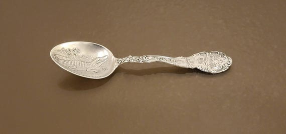 Antique Sterling Silver Jacksonville Florida Souvenir Spoon – Alligator Bowl, Lady Liberty & Eagle Handle – Shepard Manufacturing Co. c.1900