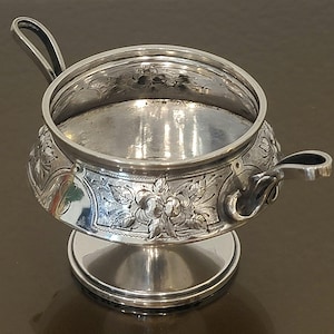 Antique Coin Silver Open Salt Cellar w/ Handles – Floral Engraved – Monogram “C” – Footed Master Salt – 2.34 Troy Oz