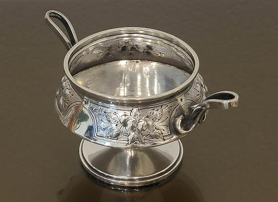 Antique Coin Silver Open Salt Cellar w/ Handles – Floral Engraved – Monogram “C” – Footed Master Salt – 2.34 Troy Oz