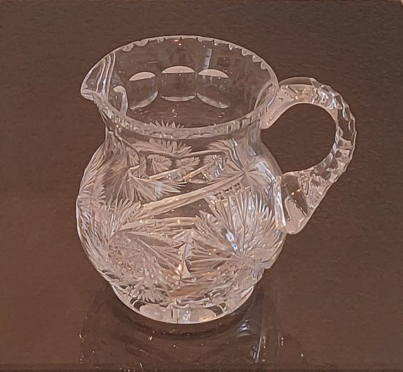 Vintage Hand Cut Crystal Pitcher – Brilliant Starburst & Fan Pattern – Elegant Small Pitcher