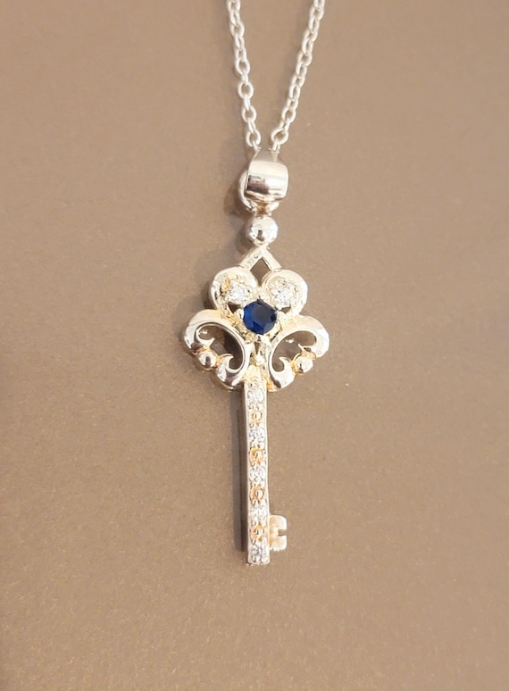 Sterling Silver Skeleton Key Pendant w/Sapphire