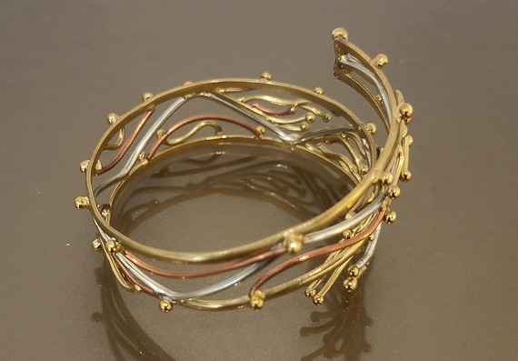 Vintage Artisan Mixed Metal Cuff Bracelet, Gold Silver Copper Openwork Bangle, Modernist Statement Jewelry, Adjustable