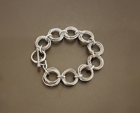 Solid Silver Chunky Link Bracelet – 7.5 Inch Toggle Clasp – 0.86 Troy Ounce Statement Bracelet