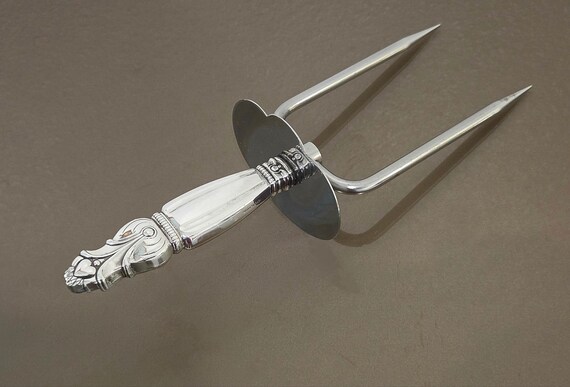 Vintage Sterling Silver Handle Carving Fork with Guard 2-Tine Meat Serving Fork Unknown Pattern