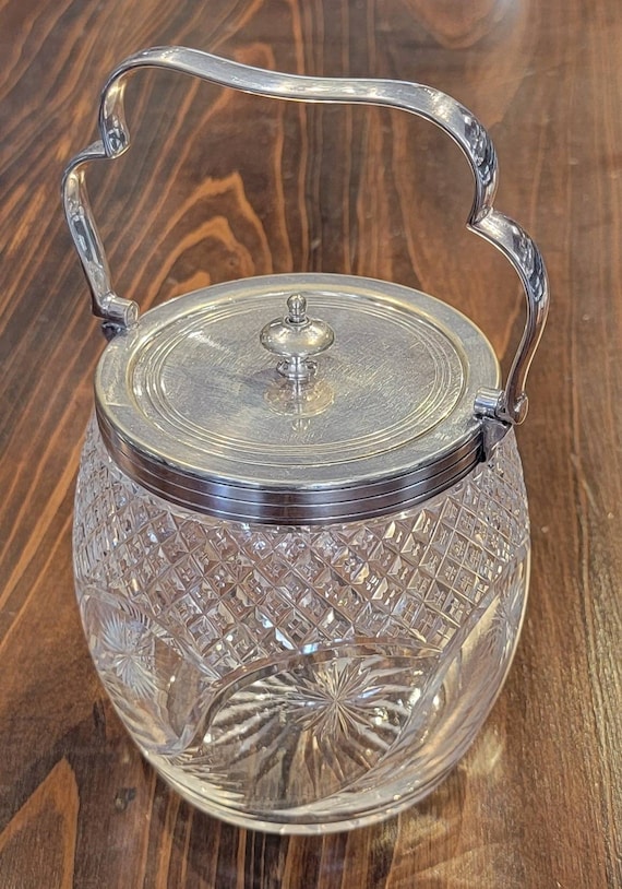 English Silver and Crystal Biscuit Barrel w/Swinging Handle