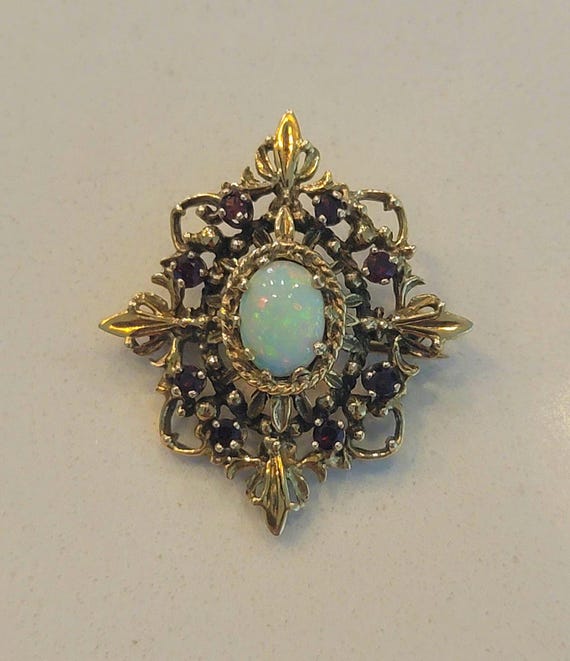 Vintage 14K Gold Opal & Garnet Brooch Pendant | Victorian Revival Estate Jewelry | Natural Opal Pin Pendant