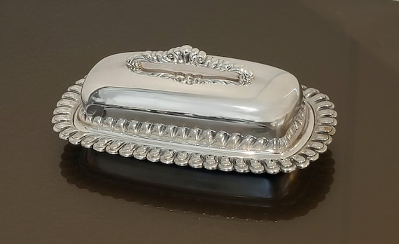 Covered Silverplated Butter Serving Dish with Glass Tray Insert