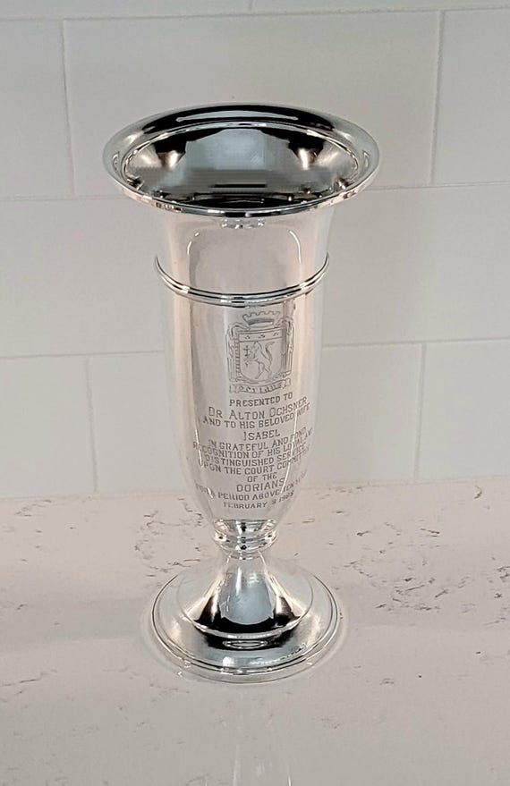 Vintage Sterling Silver Presentation Vase – 12” Redlich & Co. – Mardi Gras Dorians Engraving – Dr. Alton Ochsner Dedication (1968)