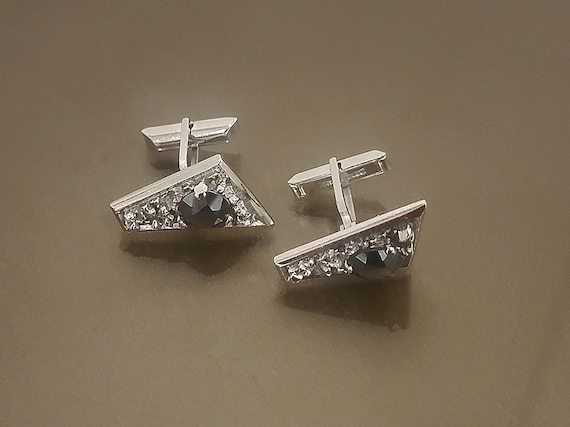 Vintage Sterling Silver Cufflinks with Black Stone – Mid-Century Modern Brutalist Design