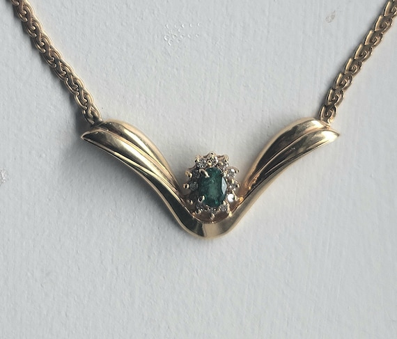 Vintage 14K Gold Emerald & Diamond Necklace, 10.5g Estate Jewelry, Natural Emerald Halo Necklace, Fine Gold Gift