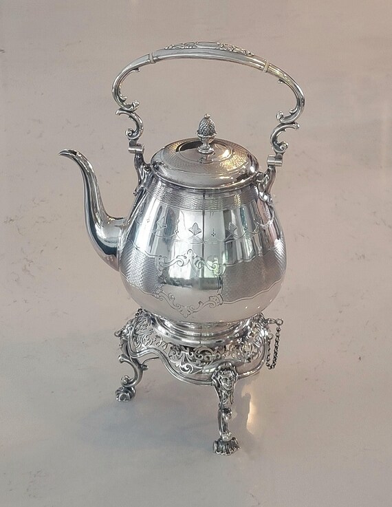 Antique Victorian-Style Silverplate Tea Kettle on Stand & Burner – 19” Tall – Ornate Cherub Feet