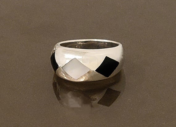 Sterling Silver Inlay Band Ring – Black & White Geometric Pattern | Size 8 Wide Band Statement Ring