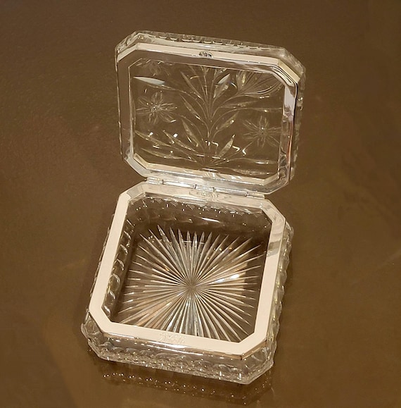 Antique Pairpoint Glass Dresser Box with Silverplated Rim & Monogram – 7” Square x 3” Tall