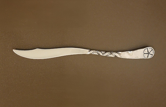 Antique Whiting sterling silver letter opener, aesthetic movement marine design, sand dollar motif, hand hammered paper knife