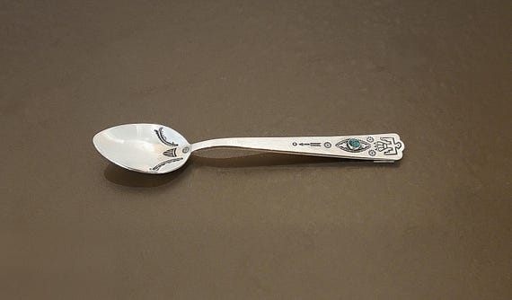 Vintage Sterling Silver Southwestern Turquoise Spoon – Thunderbird & Arrow Motif – Native Style Design