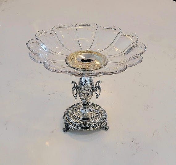 Antique Silverplated Tazza with Scalloped Glass Bowl – Ornate Classical Pedestal Compote – Victorian Revival Centerpiece
