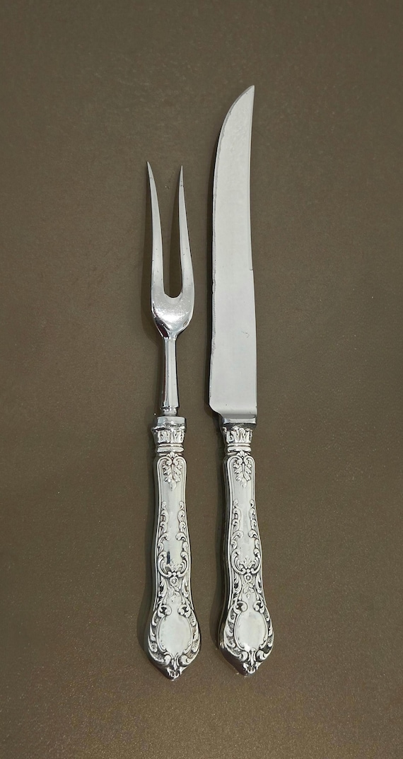 Antique Gorham H140 Sterling Silver Handle 2-Piece Carving Set – Knife & Fork – Scroll and Floral Pattern – Circa 1900