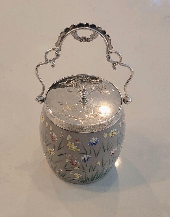 Victorian Silver-Plated & Enameled Biscuit Barrel – Hand-Painted Floral Lavender Glass, c. 1890s