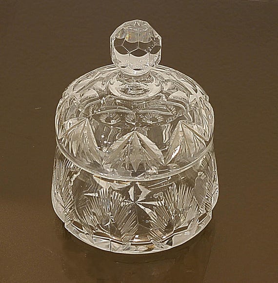 Vintage Cut Crystal Lidded Powder Jar | Hand Cut Glass Vanity Jar | Dresser Trinket Dish | Vanity Storage | Elegant Crystal Decor