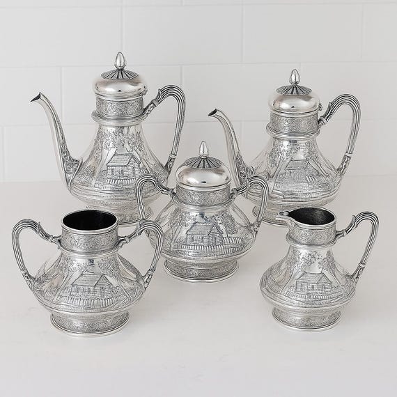 Gorham Sterling Silver 5-Piece Scenery Tea Set circa 1875