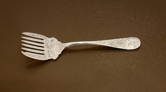 Hand-Engraved Sterling Silver Sardine Fork – 6 3/8” – Antique Aesthetic Movement Flatware – Monogrammed “L” – c. 1870s–1890s