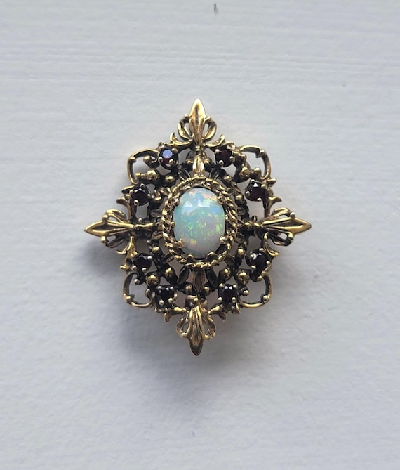 Vintage 14K Gold Opal & Garnet Brooch Pendant | Victorian Revival Estate Jewelry | Natural Opal Pin Pendant
