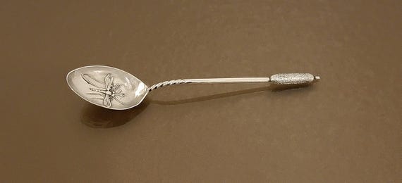 Sterling Silver Demitasse Spoon – Mosquito Motif – Cattail Handle – Twisted Stem – Double-Stamped “Sterling” – 4” Antique Spoon