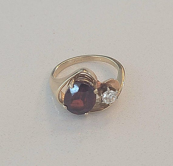Vintage Yellow Gold Garnet & Diamond Bypass Ring | Deep Red Garnet | Estate Fine Jewelry | Size ~7
