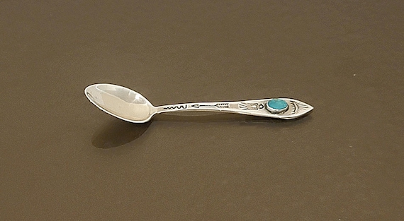 Vintage Sterling Silver Turquoise Spoon – Thunderbird Arrow Design – Southwestern Native American Style – Mini Souvenir Spoon – 3.25"