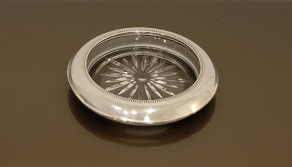 Frank M. Whiting Sterling Silver Overlay & Pressed Glass Wine Bottle Coaster – Beaded Rim – 5.5” Diameter