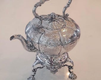 Antique English Tilting Hot Water Kettle on Stand – Silver on Copper – Ornate Victorian Tea Kettle – Burner & Stand Included